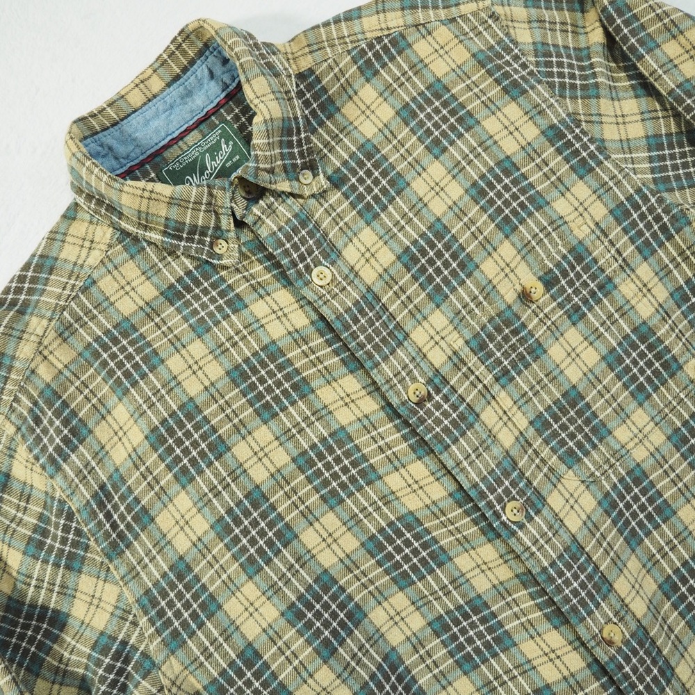 Woolrich Sz S Sawdust Flannel Shirt Yellow Green Blue Plaid Shirt 100% Cotton